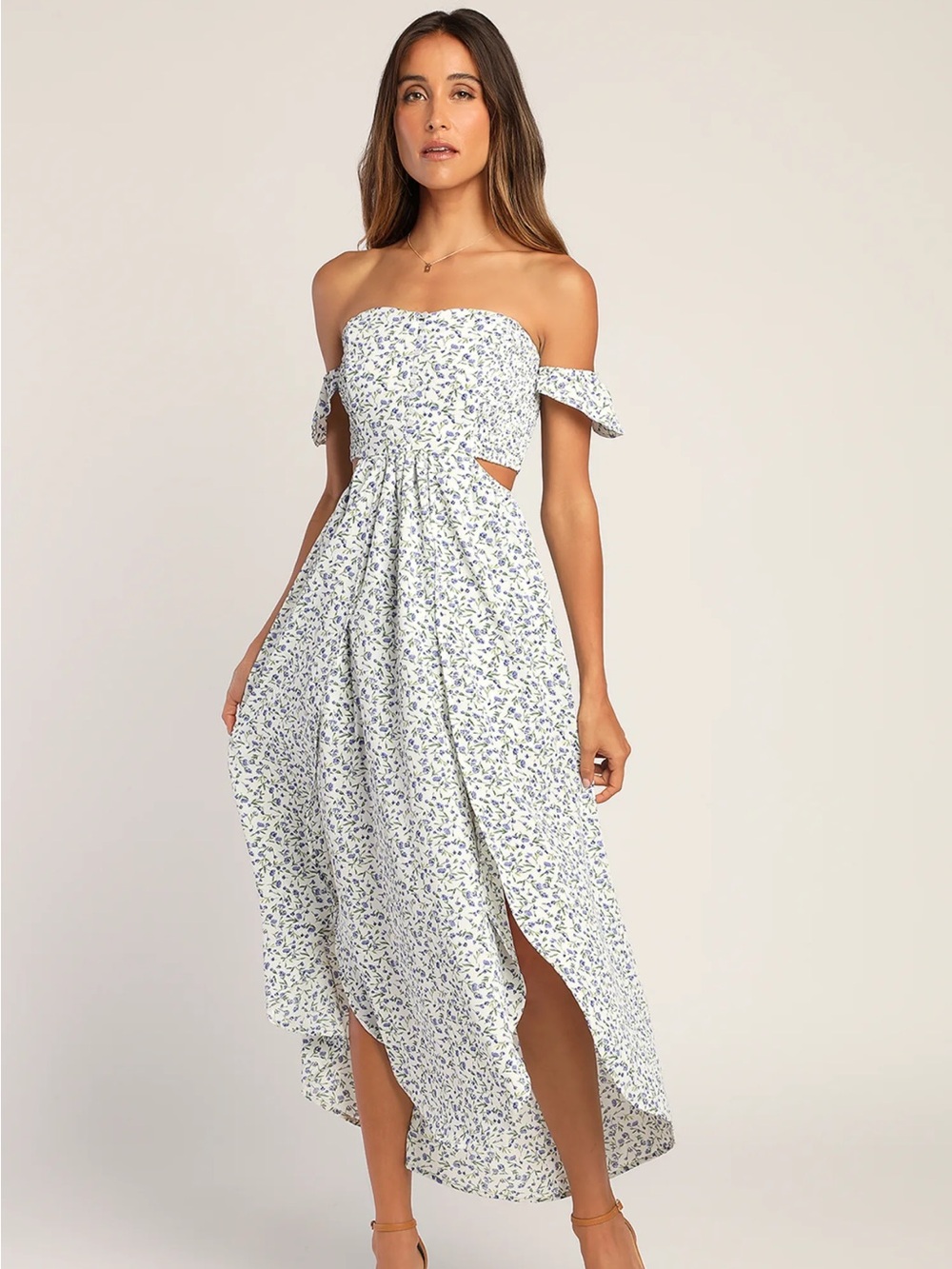Lulu's White and Blue Floral Off-the-Shoulder High-Low Maxi Dress